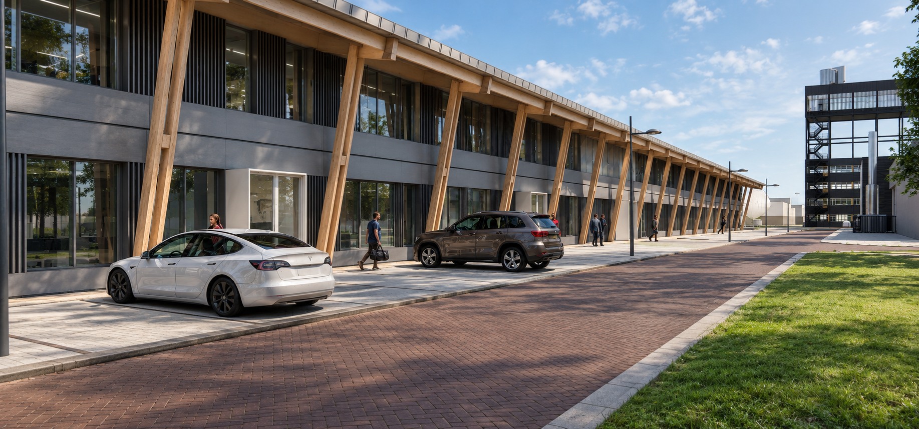 Ontwerpvisualisatie van de houten gevel van Gebouw Q op het High Tech Systems Park in Hengelo