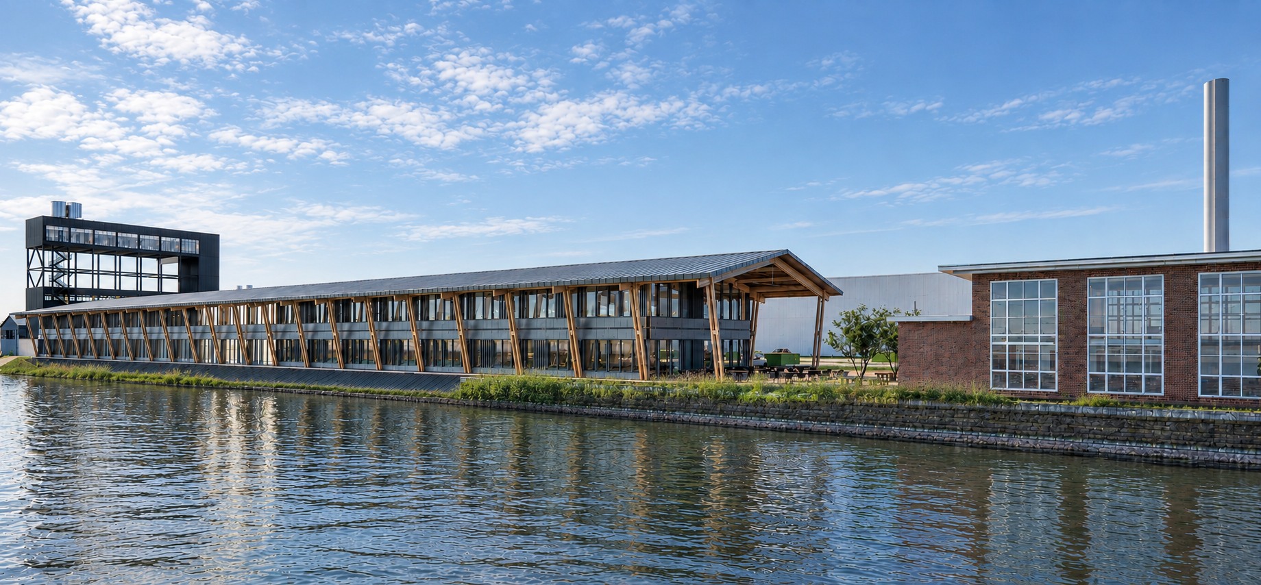 Ontwerp van Gebouw Q met een terras aan het water in Hengelo